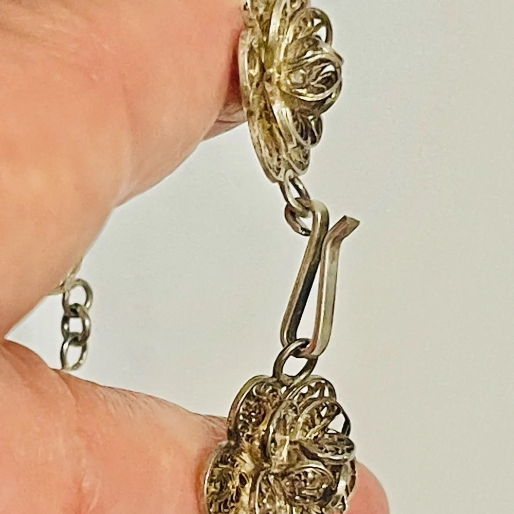 Antique? VTG? Sterling Silver Bracelet Filigree Flower Linked Sz 7 “ 18 G